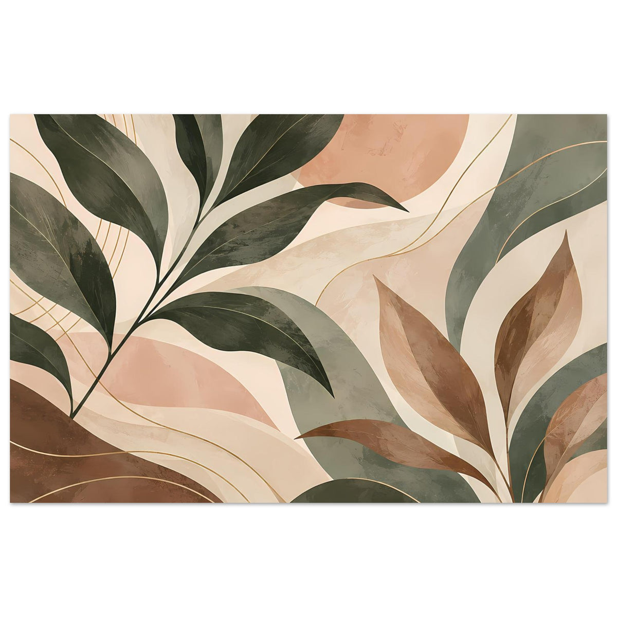 Kunstposter mit abstrakten Blattformen in Grün, Beige und Rostbraun, mit feinen Linien