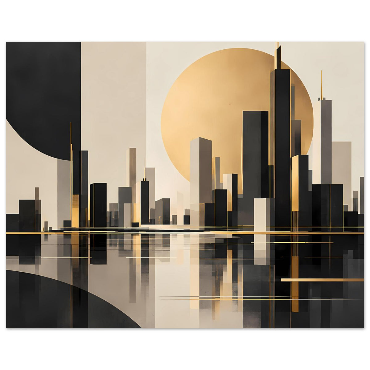 Poster zeigt Skyline mit schwarzen Gebäuden, goldenen Details, Sonnenscheibe und Wasserreflexion