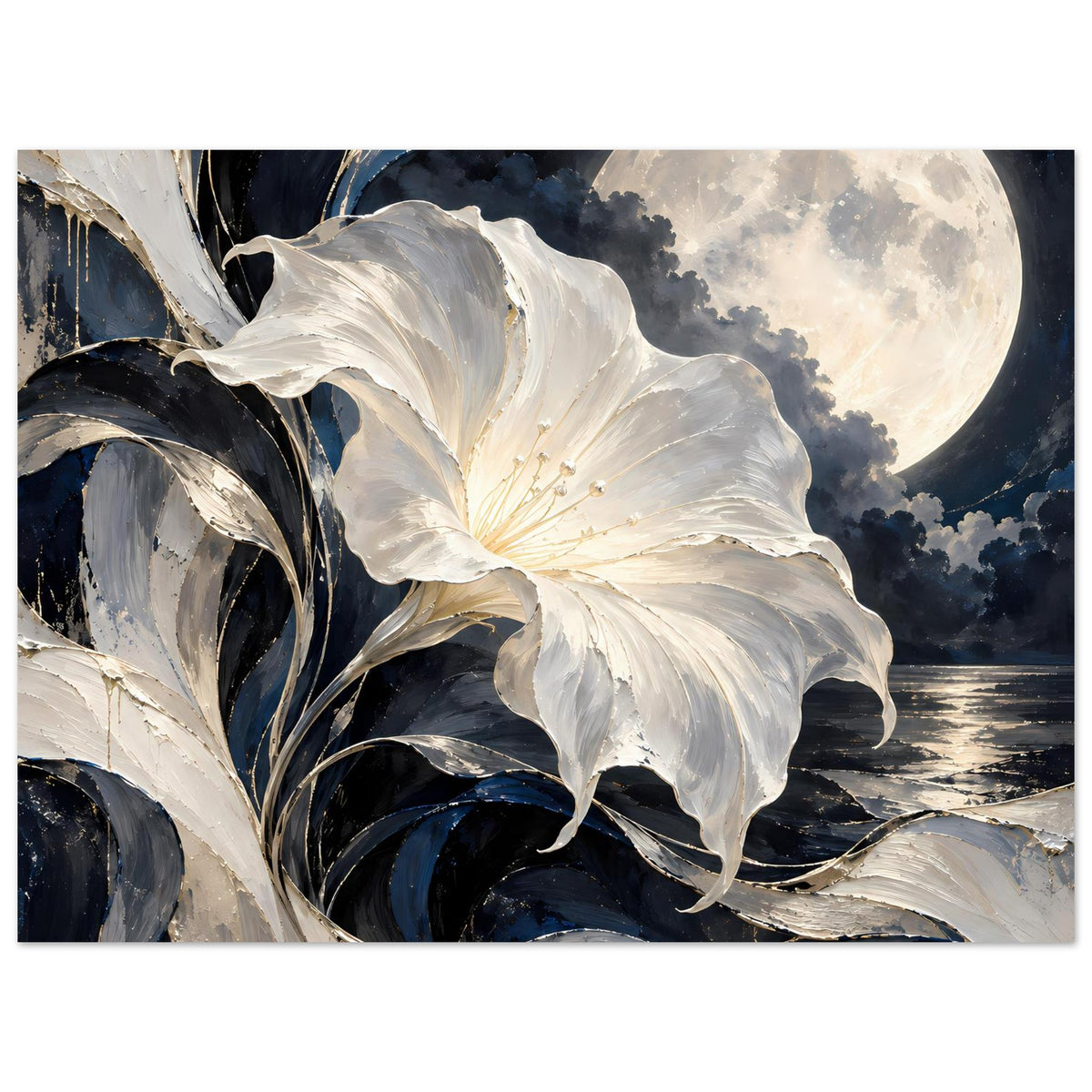 Blumenposter: weiße Blüte und Stiele, Mondsichel, Wolkenhimmel in Blau und Dunkelgrau
