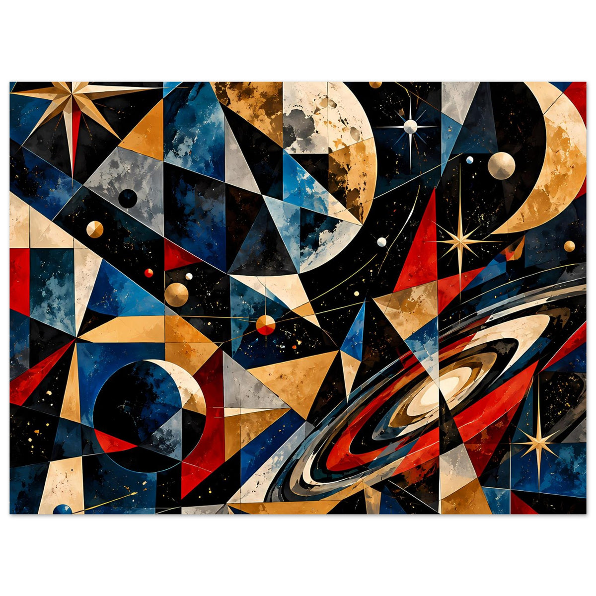 Poster mit Planetenscheiben und Sternenstrahlen, abstraktes Dreiecks-Mosaik in Blau, Rot, Gold.