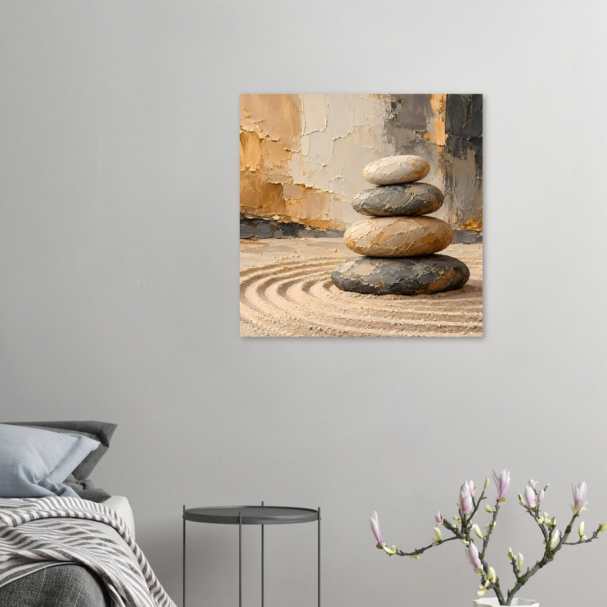 Wandposter im Quadratformat: Stapel flacher Steine, Sandmuster und gealterte Wand