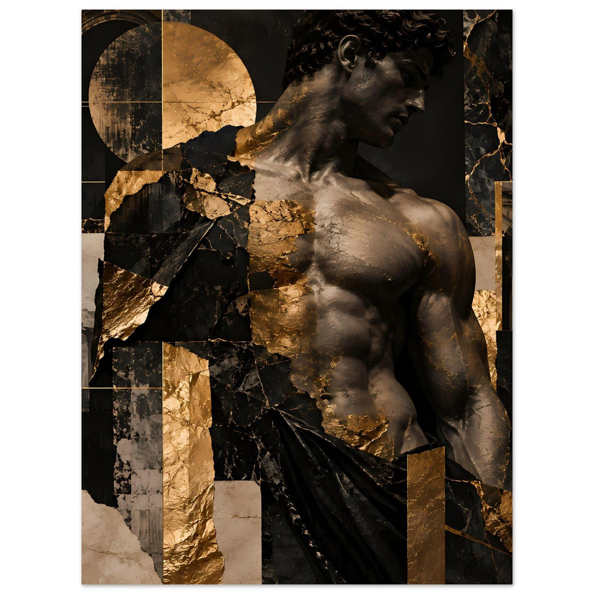 Kunstposter mit klassischer Skulptur in Schwarz und Gold, Blick nach rechts