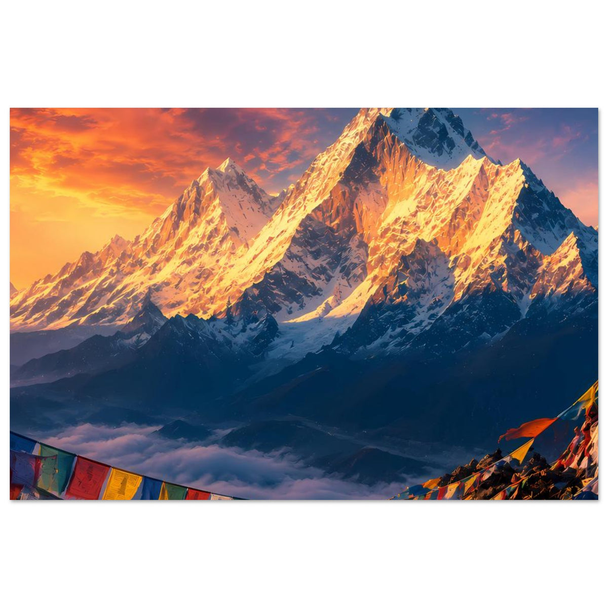 Horizontales Poster: Sonnenaufgang über schneebedeckten Bergen mit Wimpelbanner unten