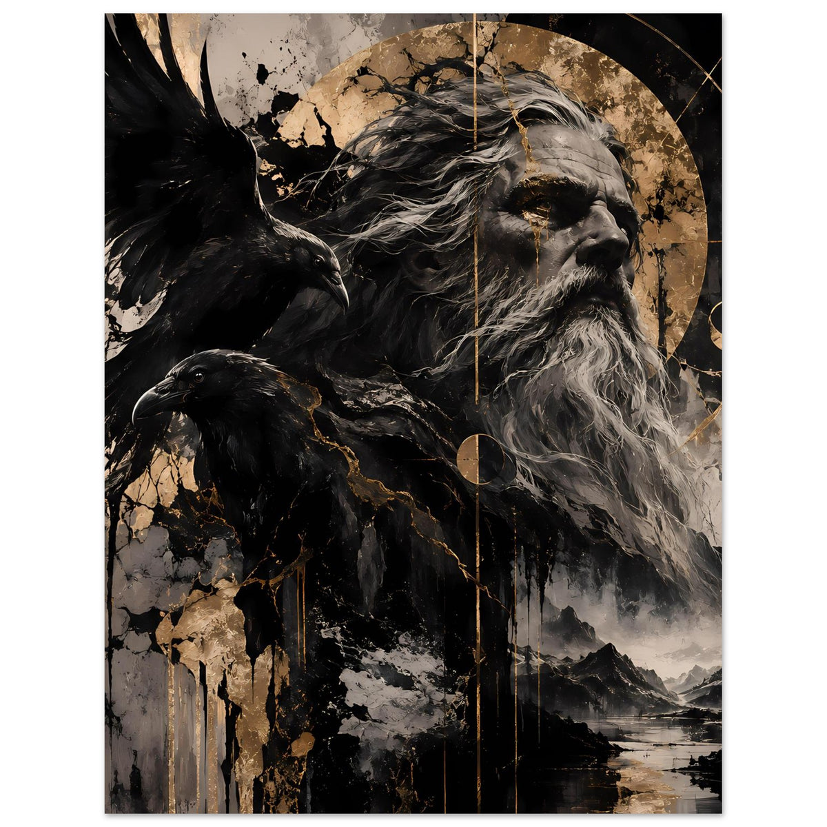 Wandposter zeigt Nordgott im Halbprofil mit Rabe links, Bart und Federdetails, goldfarbene Ornamente