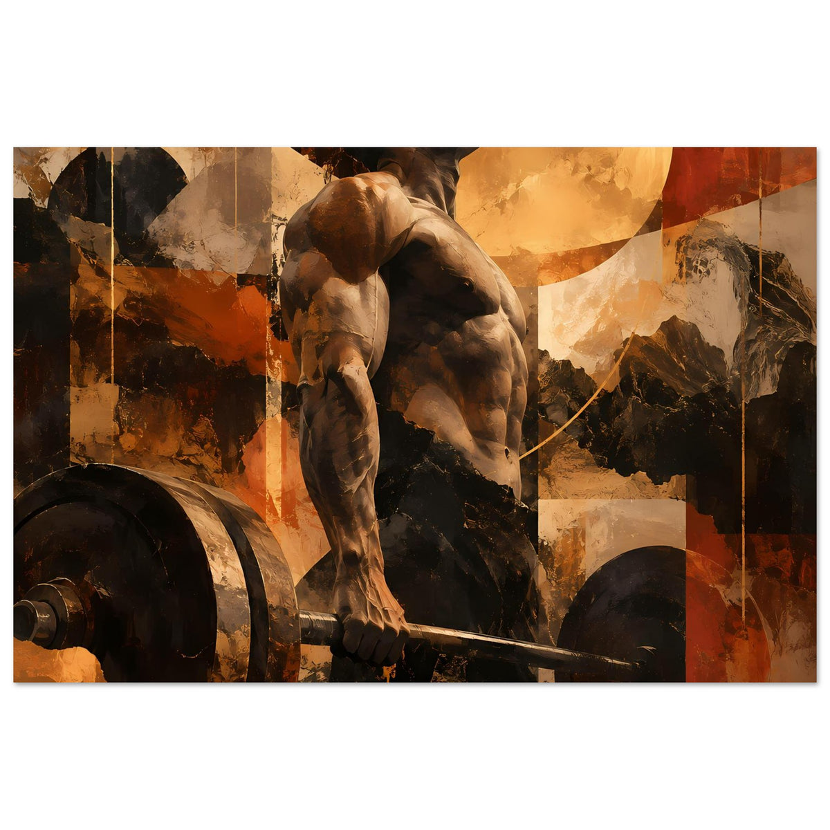 Gerahmtes Fitness-Artposter mit muskulösem Hund, Hantelstange und abstrakten Erdtönen