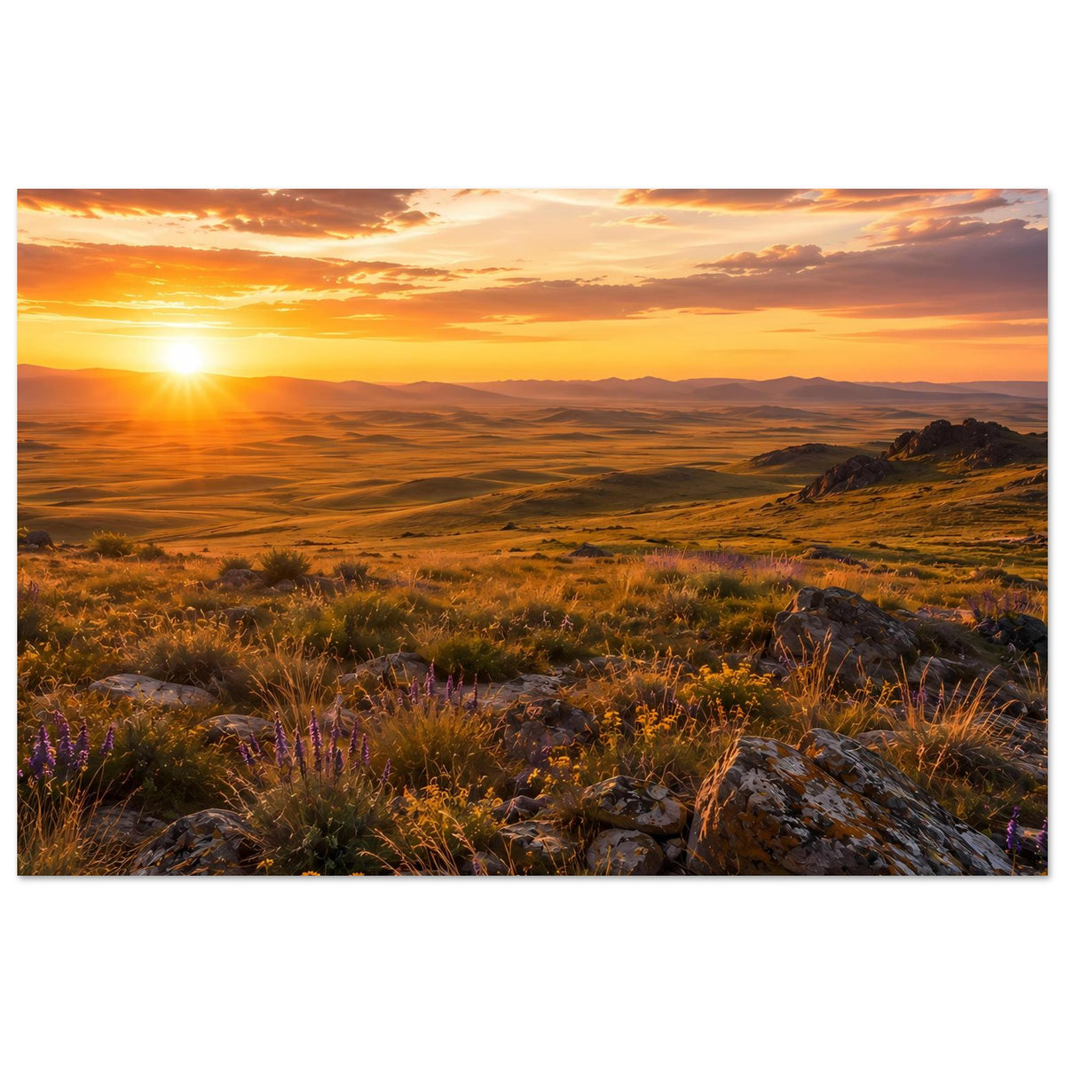 Horizontales Naturposter mit Sonnenuntergang über Landschaft, Gras, Steinen und blühenden Pflanzen