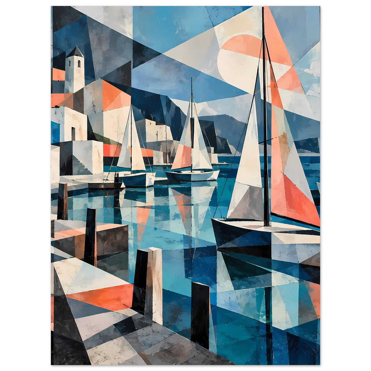 Kubistisches Hafenposter mit Segelbooten und geometrischen Wasserflächen in Blau und Koralle – Ansicht 12
