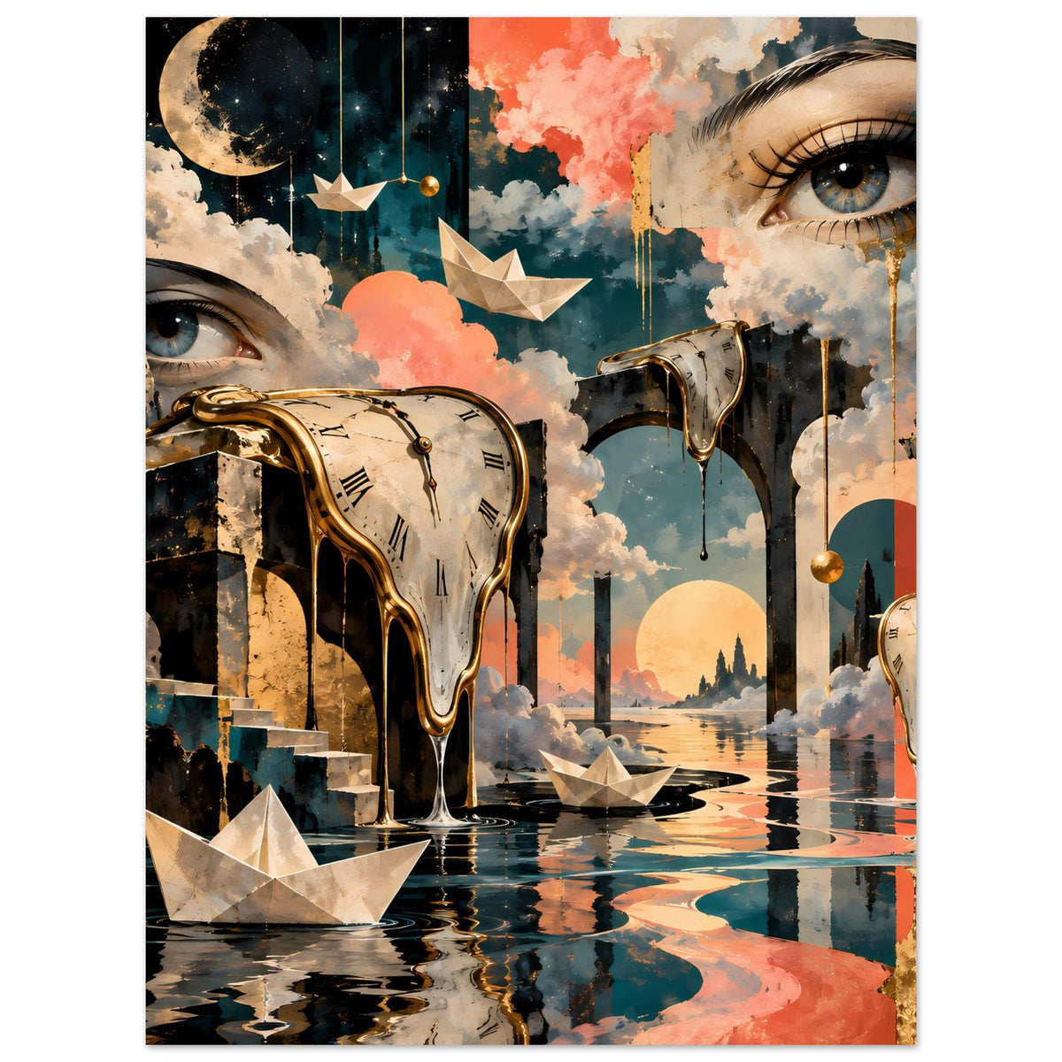 Surrealistisches Poster mit schmelzenden Uhren, Engelsaugen und Booten auf spiegelndem Wasser