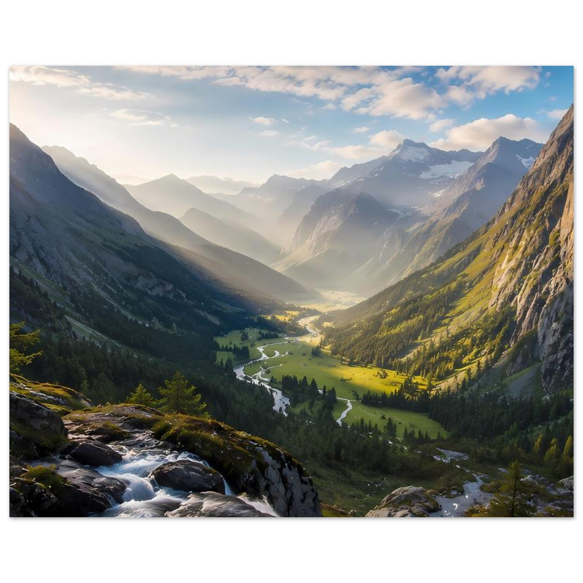 Landschafts-Poster mit Bergtal, Flusslauf und Sonnenstrahlen, Querformat