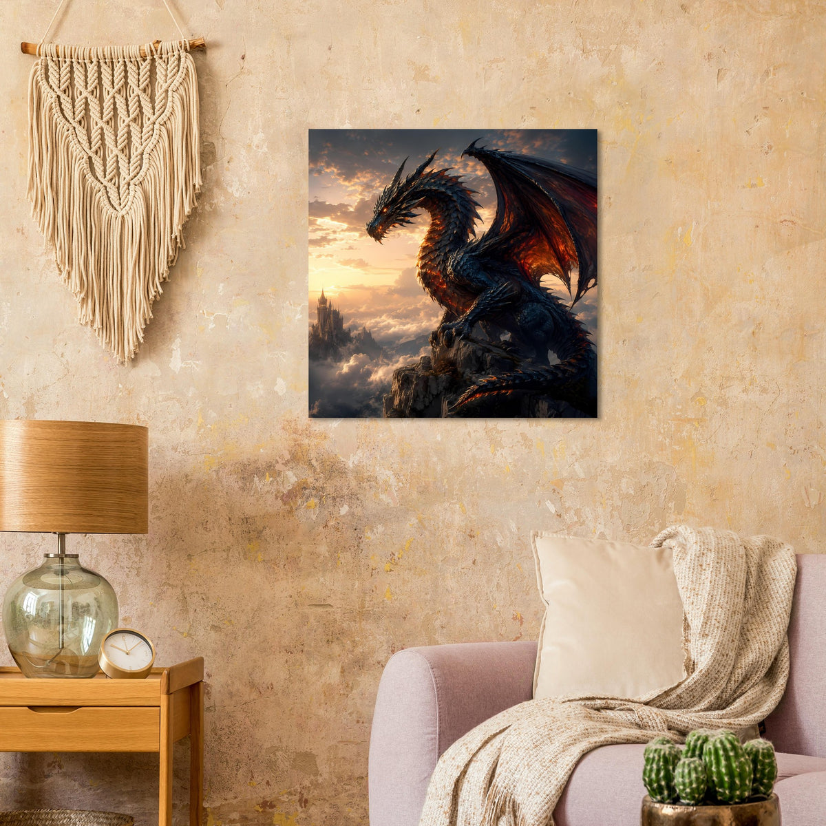 Drachenfantasy-Poster mit dunkelblauem Drachenkopf und Flügeln, Flammenrot leuchtender Hintergrund