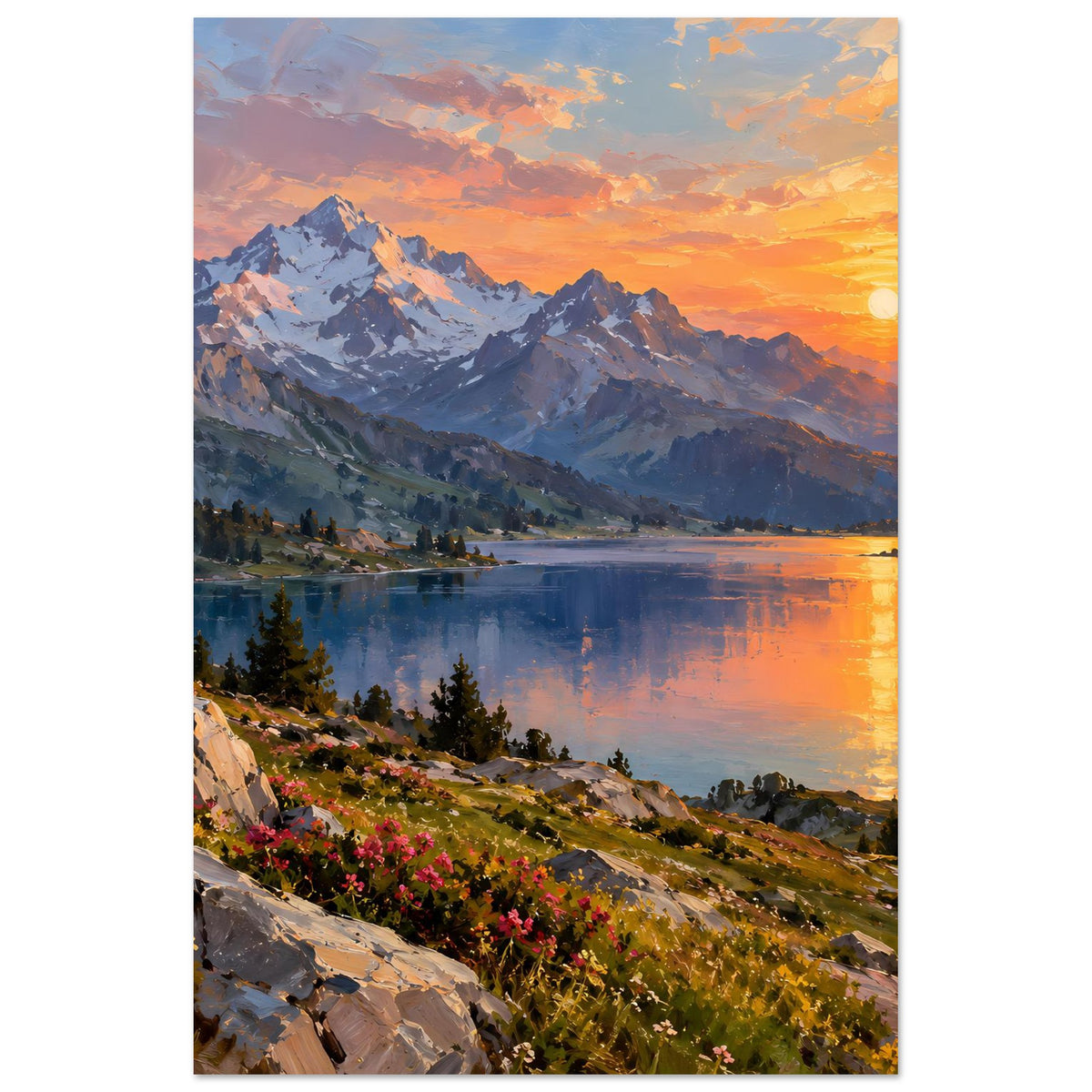 Wandposter im Hochformat: Sonnenuntergang am Bergsee, blumiger Hang und Fichten im Vordergrund