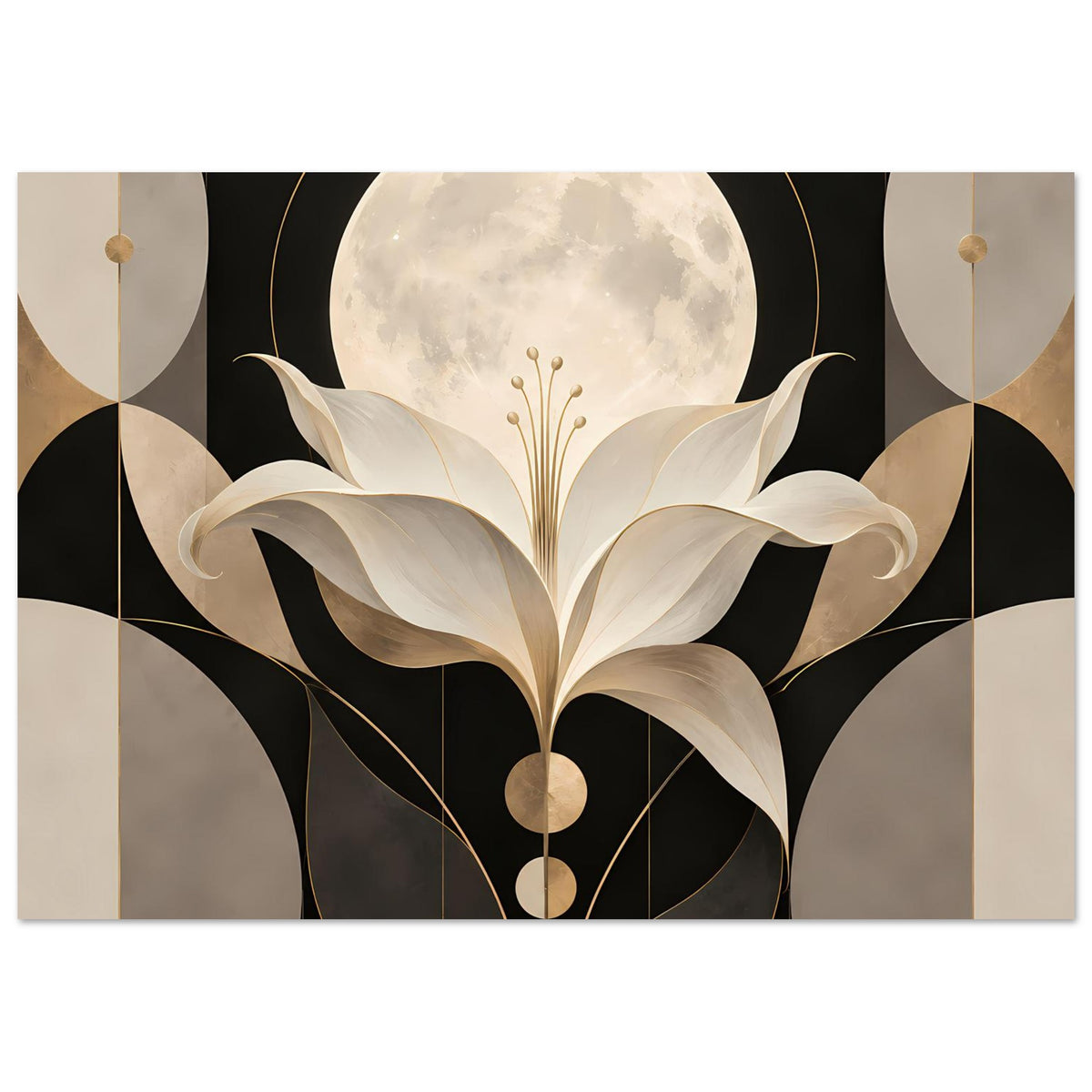 Art-déco-Poster mit Lilie und Mond in Gold und Creme