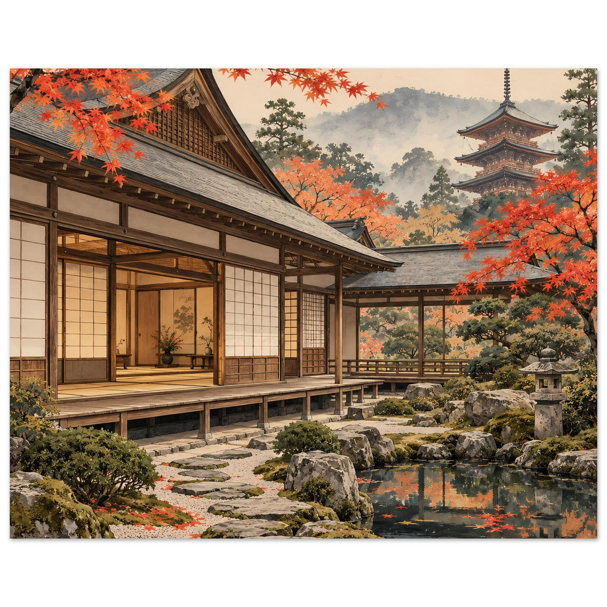 Poster mit japanischem Garten: Holzhaus, rotes Herbstlaub, Teich und Natursteinweg.