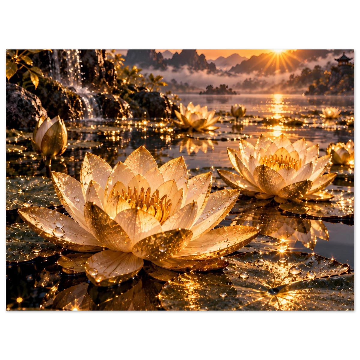 Horizontales Lotus-Blumenposter mit goldenen Blüten, funkelnder Wasserszene und Sonne