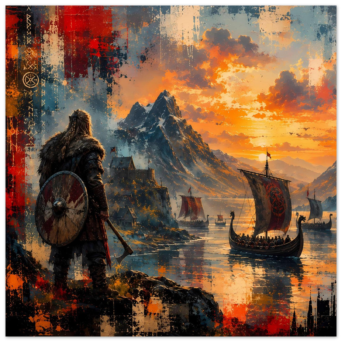 Nordisches Sonnenuntergang-Poster mit Wikingerkrieger, Schild und Segelbooten am Horizont