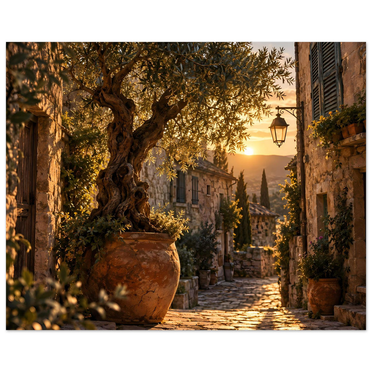 Mediterranes Sonnenuntergangs-Poster mit Olivenbaum, Laterne und gepflasterter Gasse