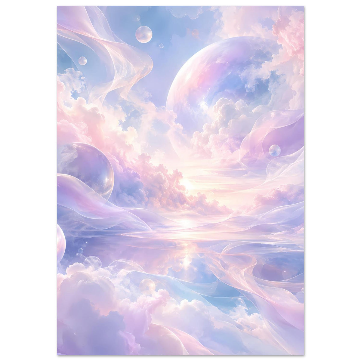 Himmelsmeer-Poster im Hochformat mit pastellfarbenen Wolken, Bubbles und leuchtendem Zentrum
