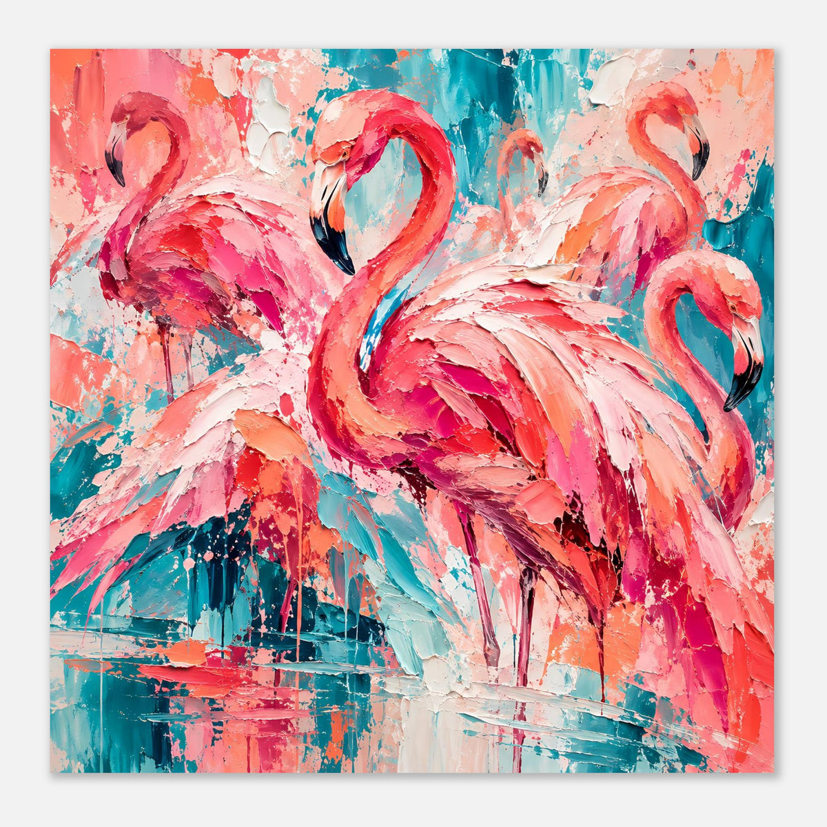Flamingo-Kunstposter mit Nahansicht der rosa Flamingofiguren und türkisfarbenem Hintergrund