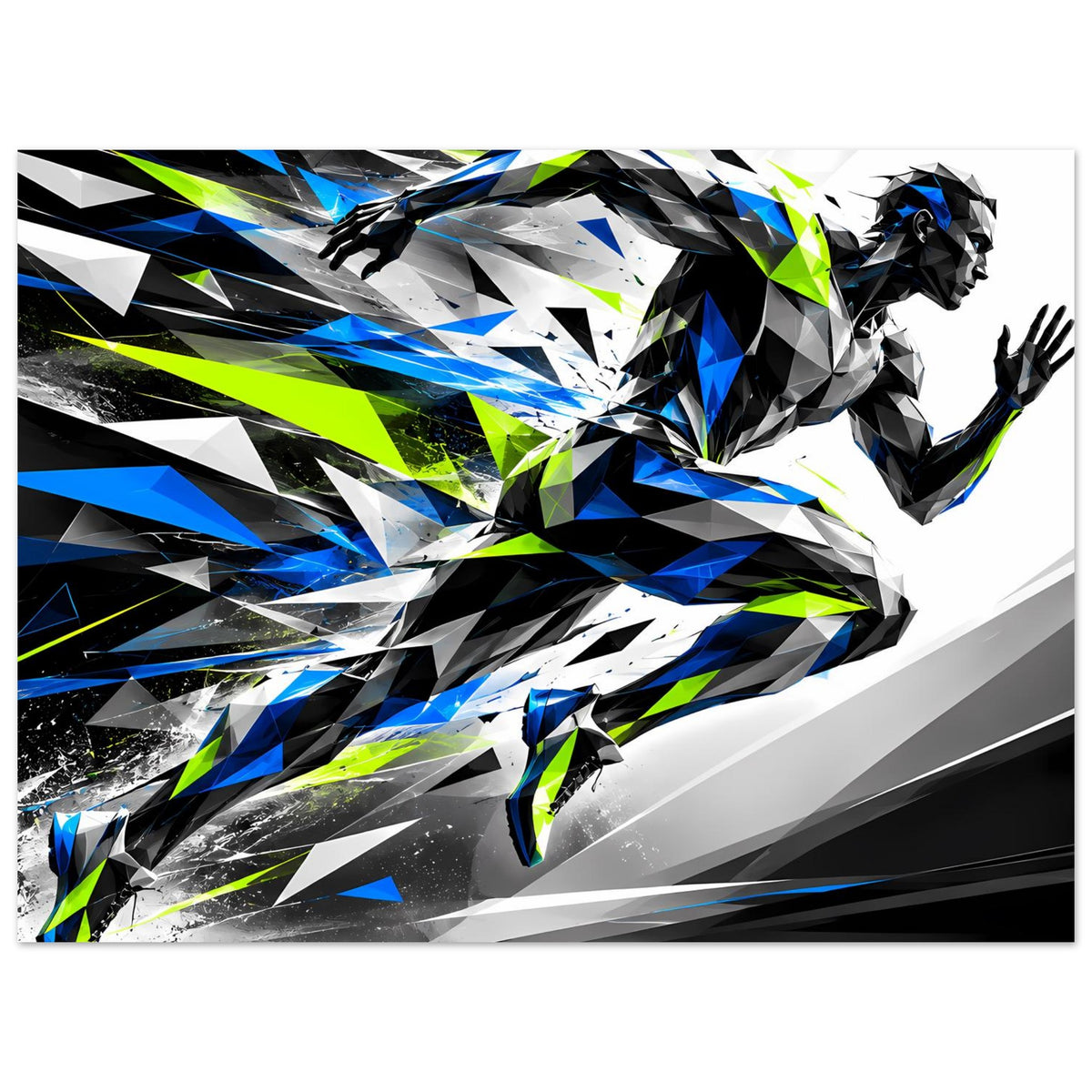 Laufkunst-Poster, horizontal: dynamischer Läufer in Blau, Schwarz und Neon-Grün mit Kanten