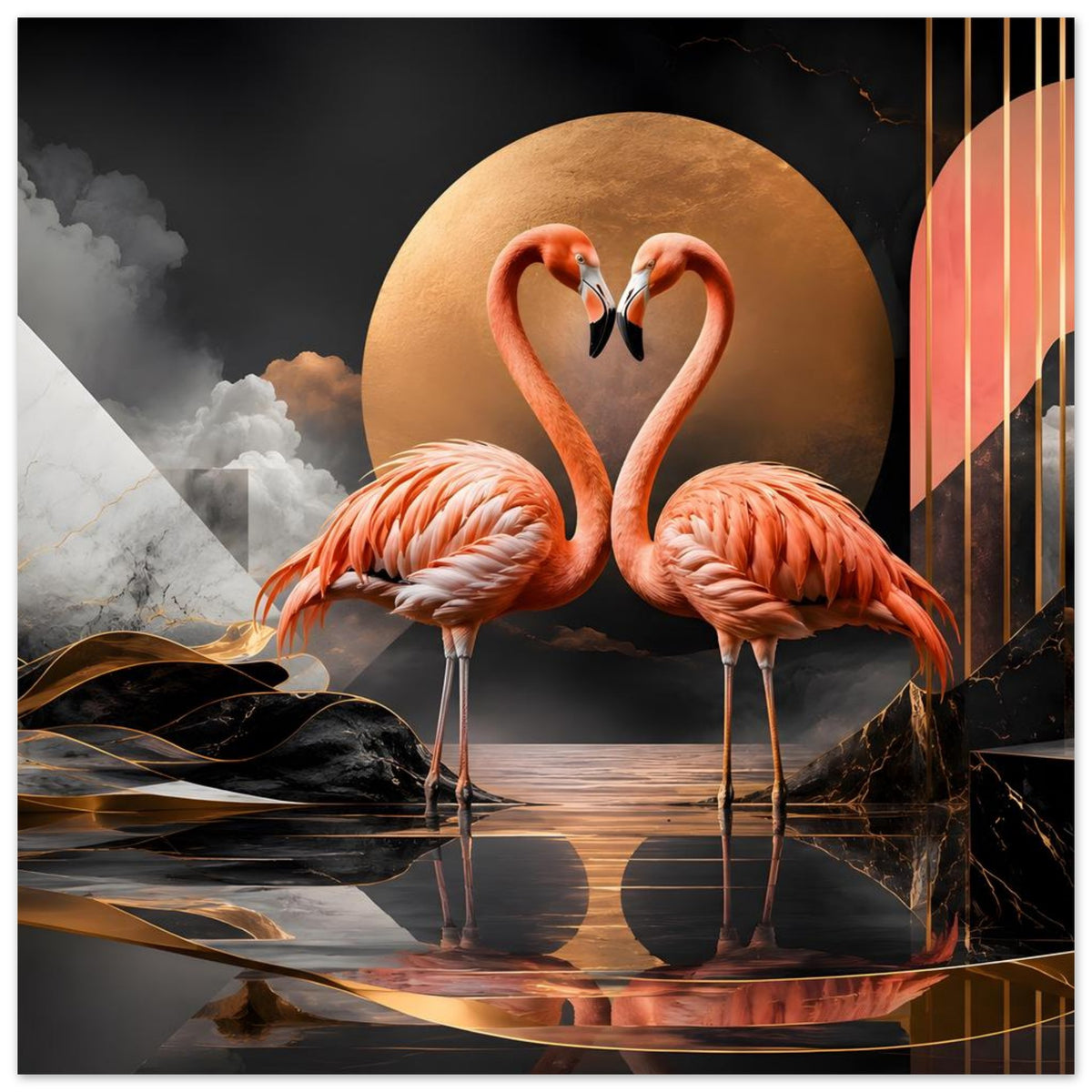Horizontales Flamingo-Kunstposter mit zwei orange Flamingos, goldener Kreis, schwarz-gold Akzente