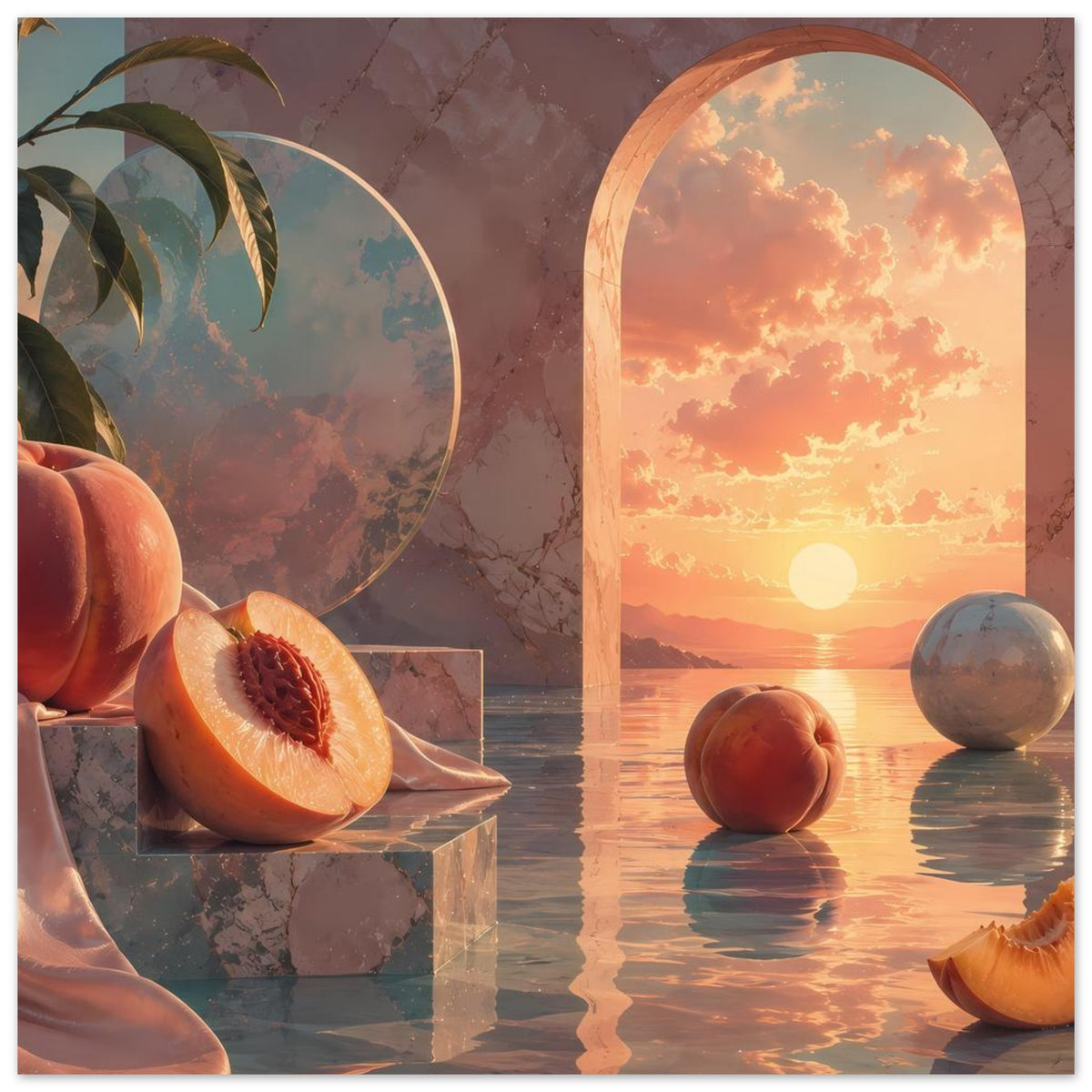 Wandposter mit Rundbogenfenstern: Pfirsiche und Sonnenuntergang mit Spiegelbild