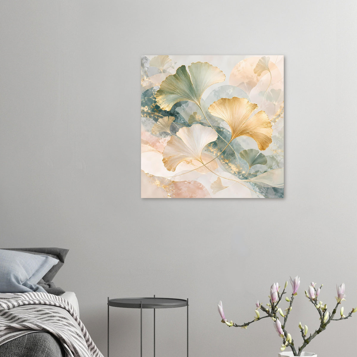 Quadratisches Poster mit Ginkgo-Blättern in Gold, Türkis und Creme, Adernlinien im Motiv