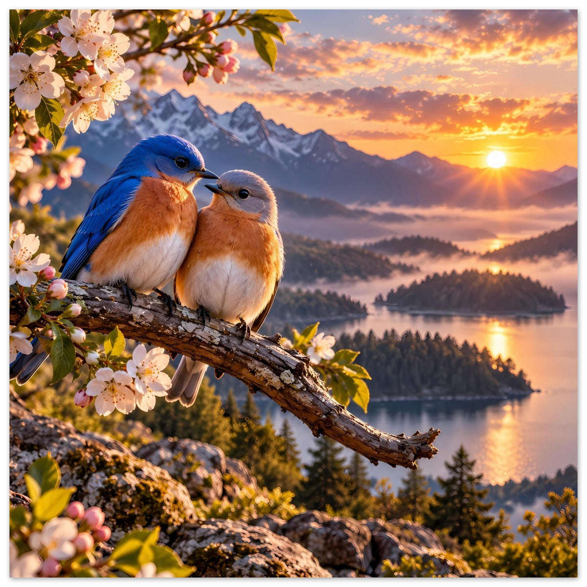 Poster mit zwei Vögeln auf Ast, rosa Blüten, Landschaft mit Bergkette und Sonnenuntergang