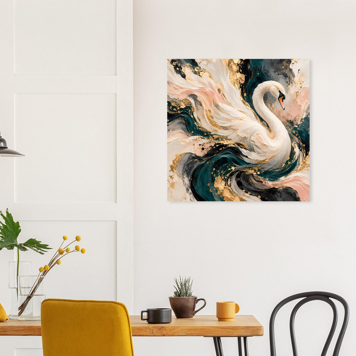 Kunstposter mit Schwan im abstrakten Farbfluss aus Creme, Rosa und Dunkelgrün