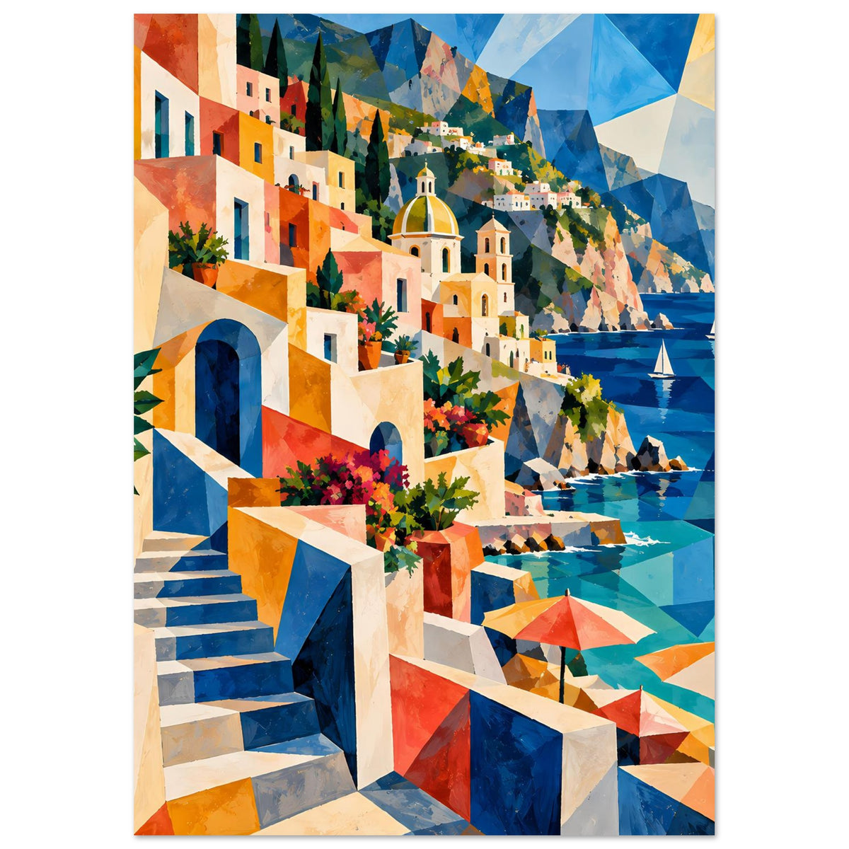 Kunstdruck: mediterrane Küstenlandschaft mit Treppe, bunten Häusern, Kuppelkirche und Segelbooten