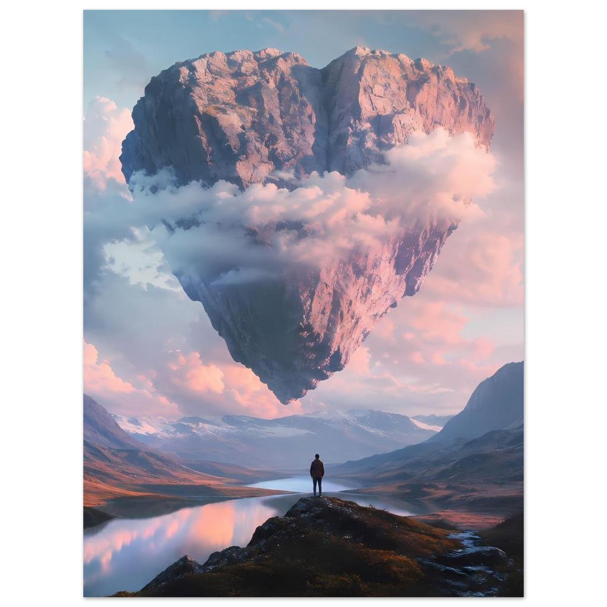 Poster mit schwebendem Felsherz über Bergsee, Person auf Felsvorsprung