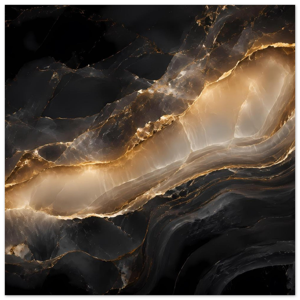 Abstraktes Poster mit dunklem Marmormuster, goldenen Linien und hellen Adern, horizontal