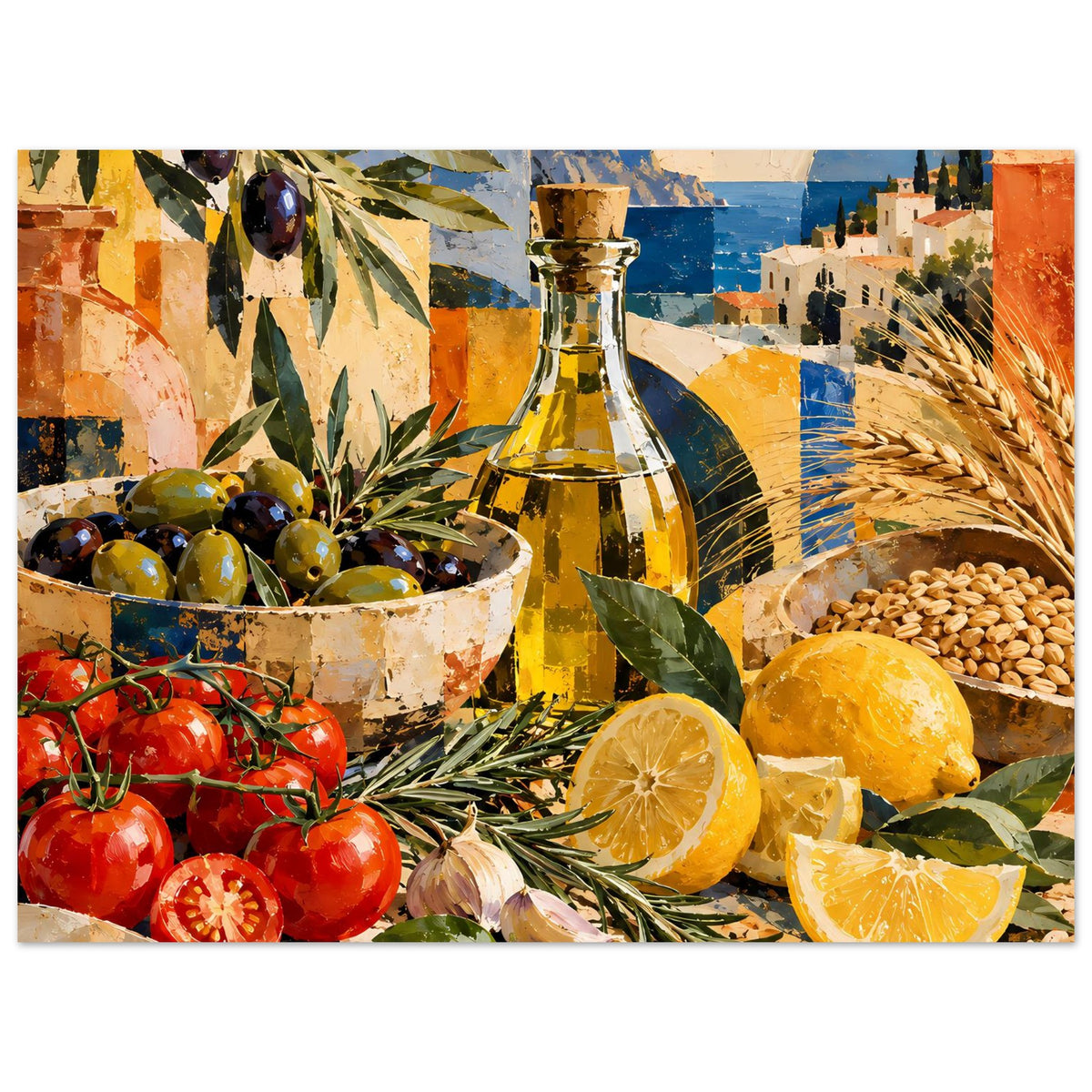 Poster im Querformat mit Flasche, Oliven, Tomaten, Zitronen, Weizen und Ort am Meer