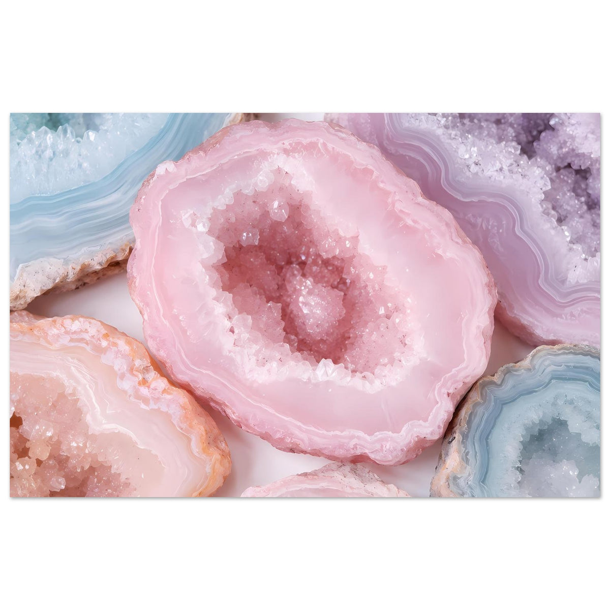 Poster mit Kristallgeoden: rosa Geode im Vordergrund, links pfirsichfarbene Scheibe, rechts blau-grau