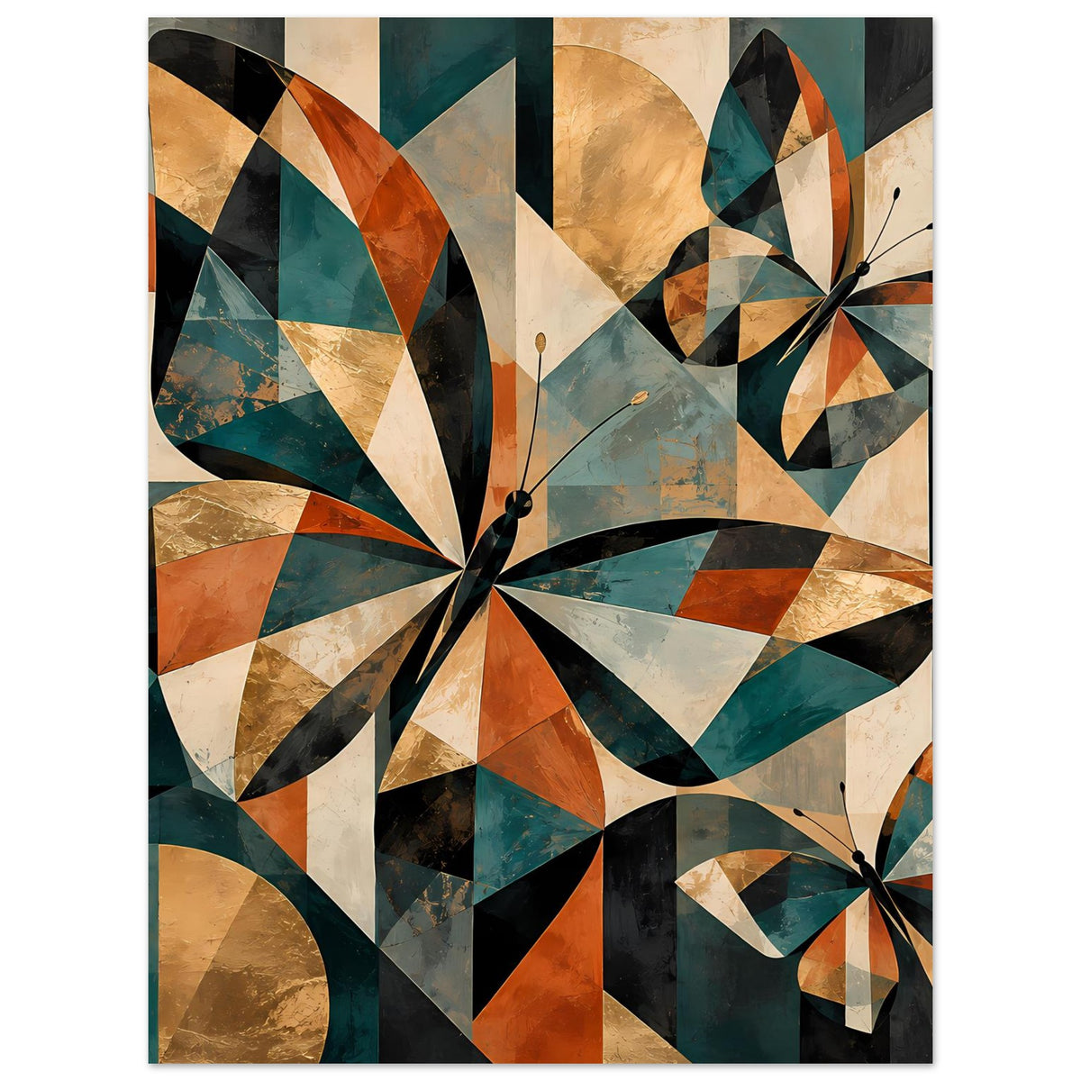 Kunstposter im Hochformat mit geometrischen Schmetterlingen, erdiges Braun, Beige und Türkis