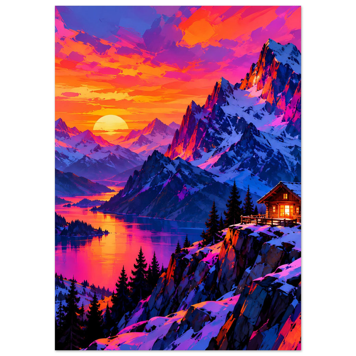 Hochkant-Poster mit dramatischen Felsbergen, Tannenwald, warmem Licht der Hütte und Sonne