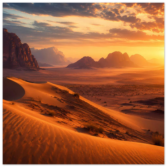 Wüstenlandschafts-Poster im Querformat mit Sanddünen und Sonnenuntergang am Horizont