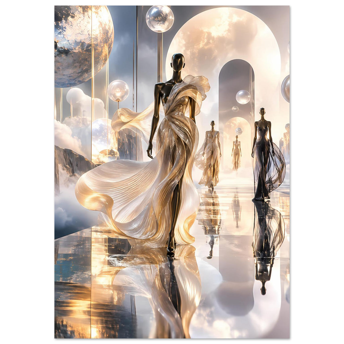 Fantasy-Poster: zentrale goldene Halbfigur mit wehenden Stofffalten und Menschenreihe