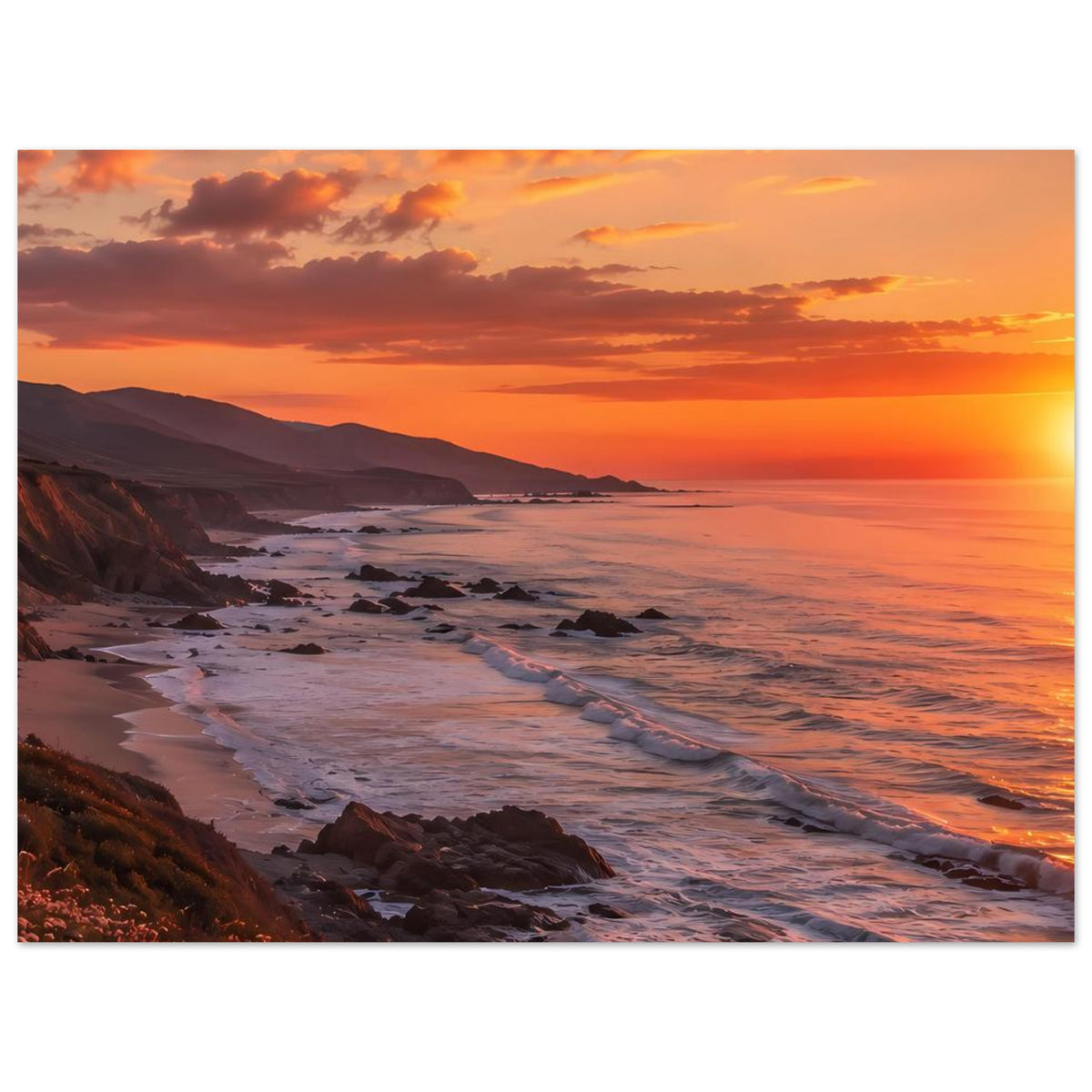 Poster mit Küste bei Sonnenuntergang, warme Orange- und Rosatöne, Sandstrand und Felsen