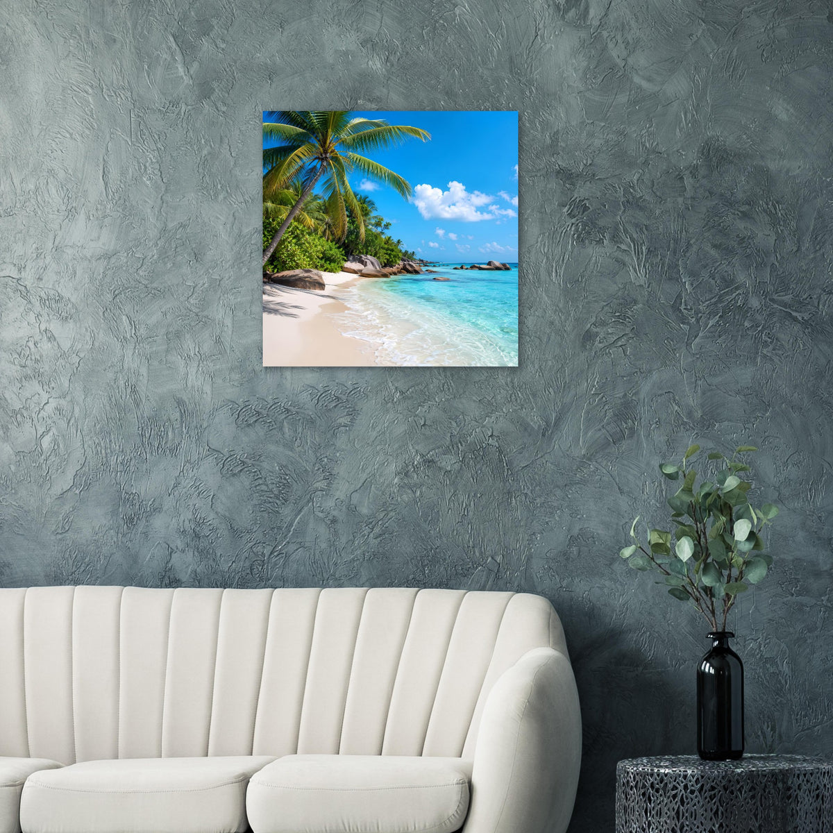 Quadratisches Tropen-Strandposter mit Palmen, türkisblauem Meer und sonnigem Himmel