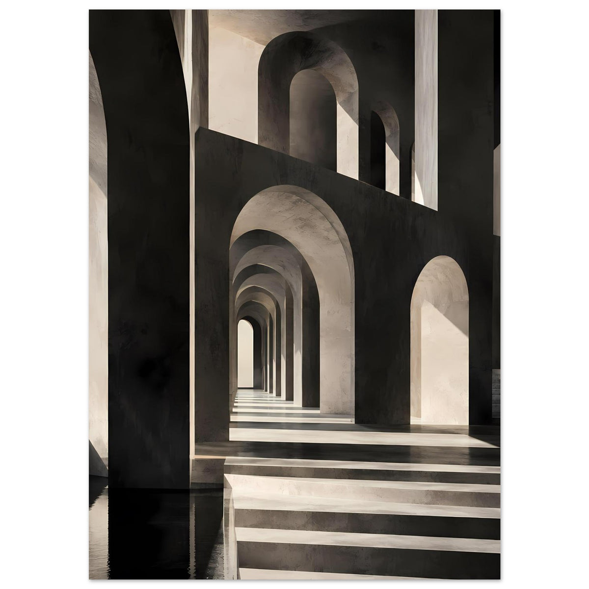 Architekturposter: Reihe geschwungener Bögen in Schwarz und Grau mit Fluchtpunkt
