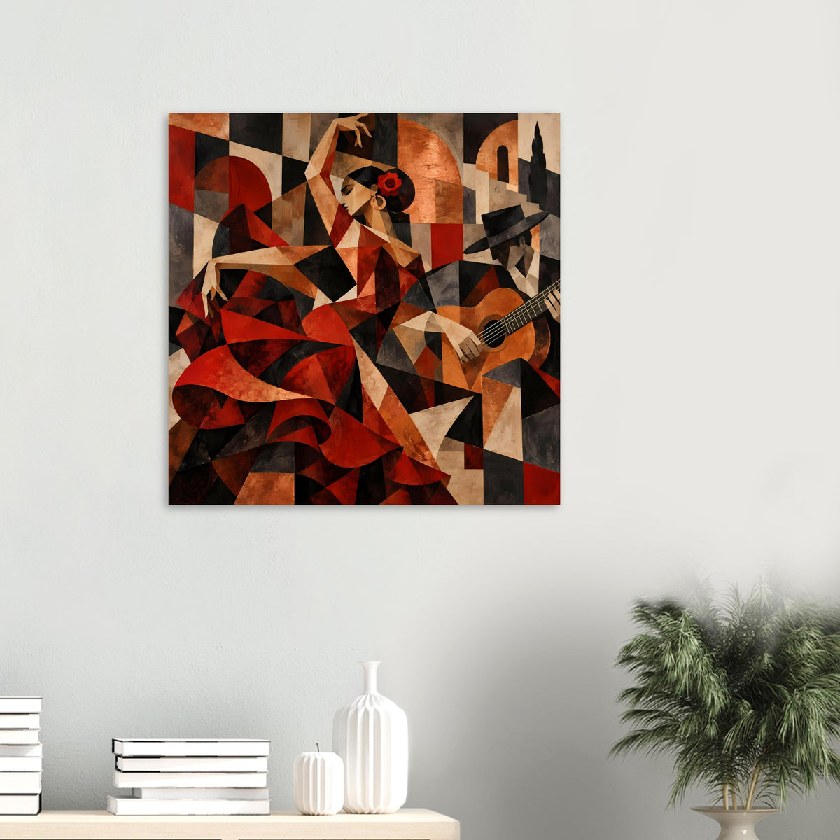 Kunstposter mit Flamenco-Figur und Gitarre, abstrakter Stil in Rot, Braun und Beige