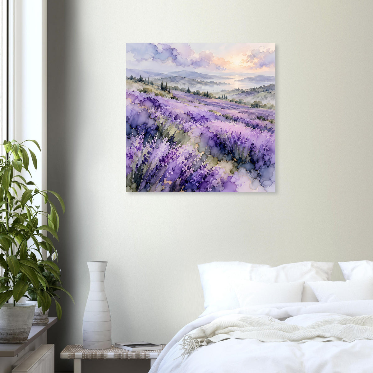 Quadratisch gerahmtes Lavendelfeld-Aquarellposter mit violettem Blütenweg und goldigem Sonnenrand