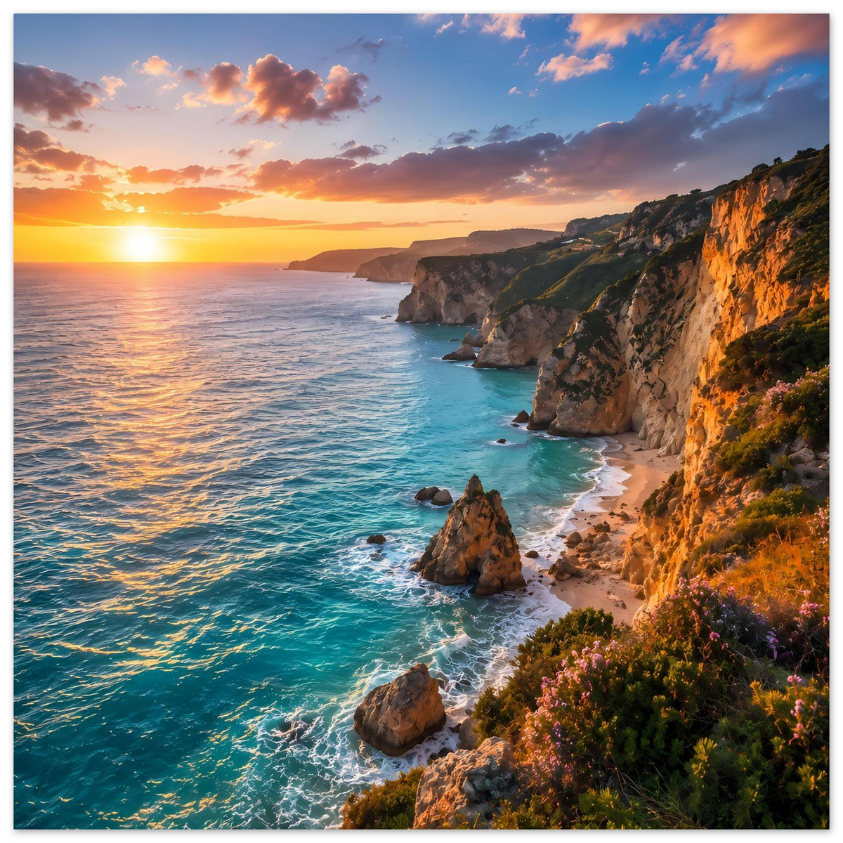 Poster mit Küste, türkisblauem Meer, Felsen und orangefarbenem Sonnenuntergang am Horizont