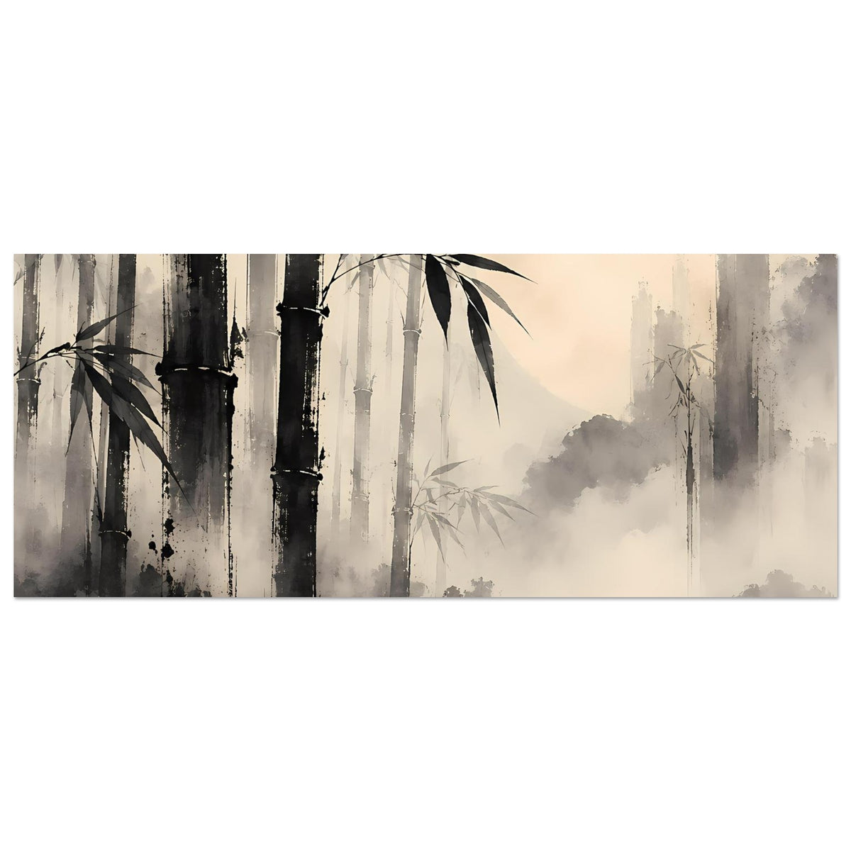 Horizontales Poster mit Bambuswald-Motiv, Bambusstämme und Nebel, schwarz-grau auf beigem Hintergrund