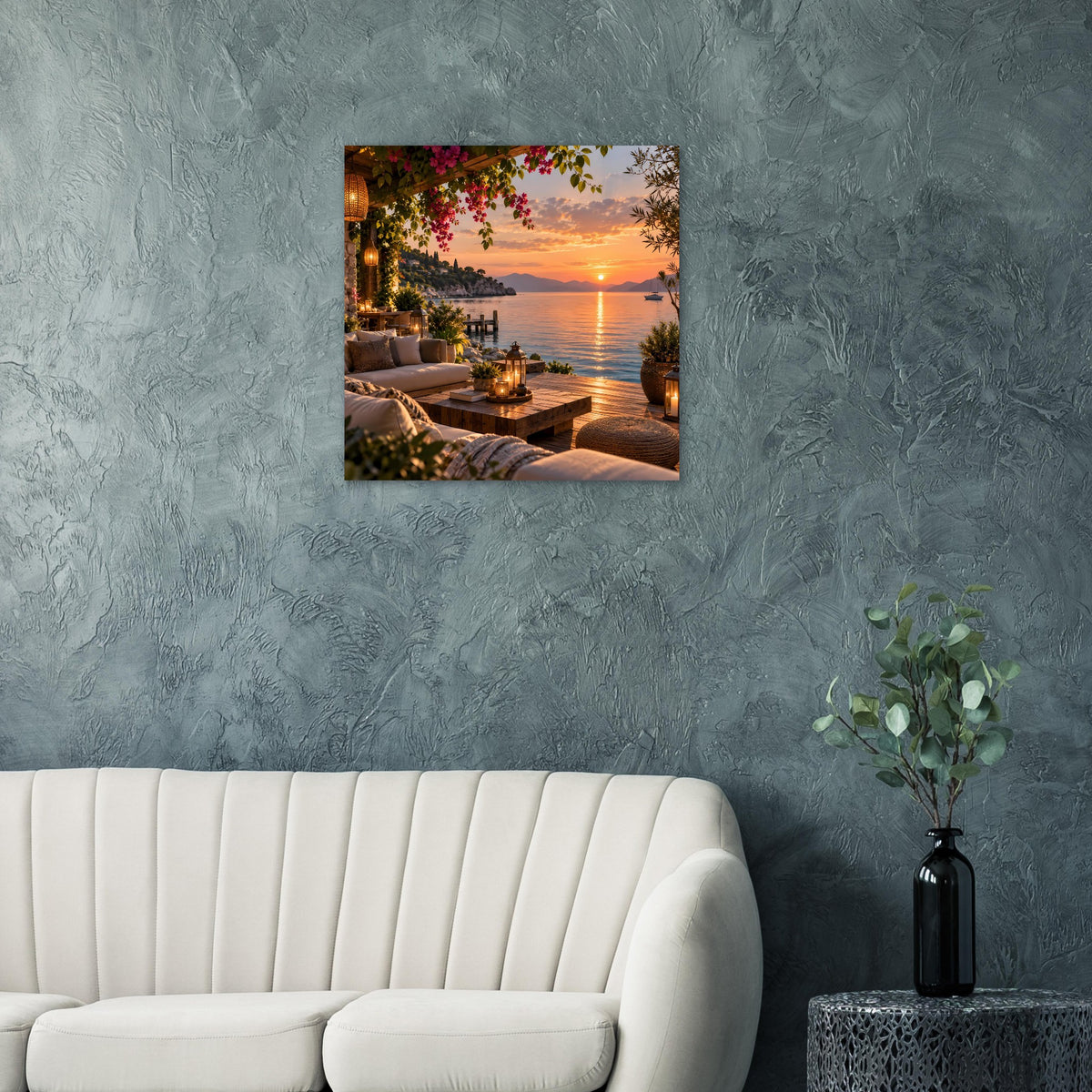 Gerahmtes Poster mit Meerblick, mediterraner Terrasse, Bougainvillea und Sonnenuntergang