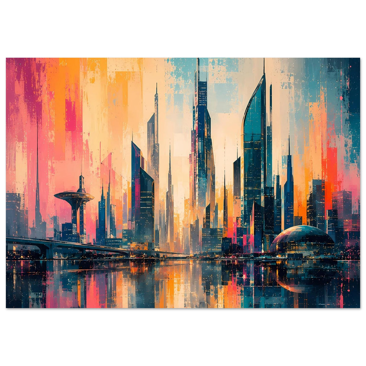 Horizontales Stadtbild-Poster mit Skyline, blauen und orangefarbenen Farbverläufen