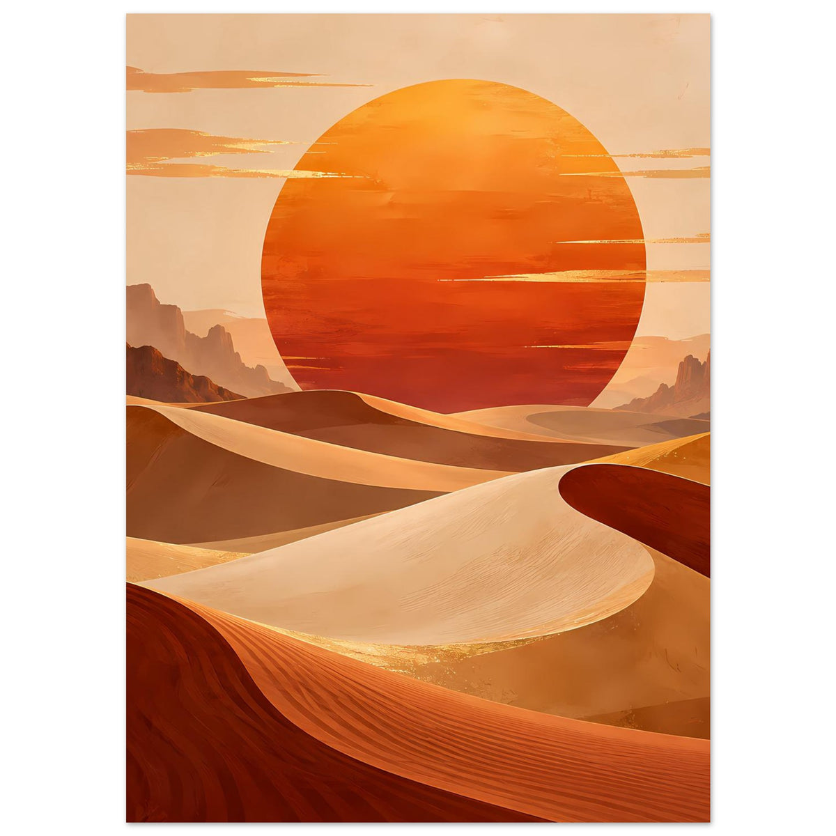 Vertikales Poster mit Wüstenlandschaft: orange Sonne im Kreis und wellige Sandhügel