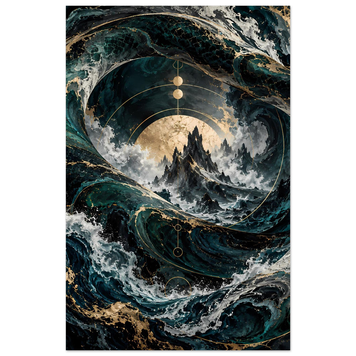 Meerwirbel-Poster mit vertikalem Motiv: Ozeanspirale, türkisblaues Wasser und goldene Kreislinien