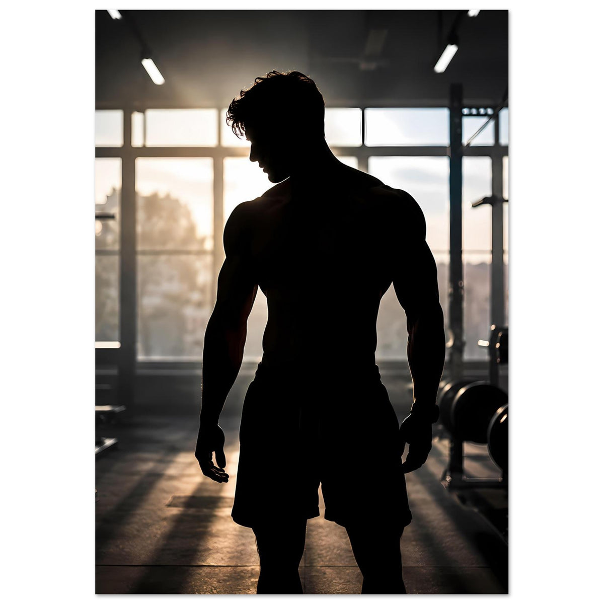 Vertikales Fitnessposter mit dunkler Silhouette eines Athleten, seitlich beleuchtet