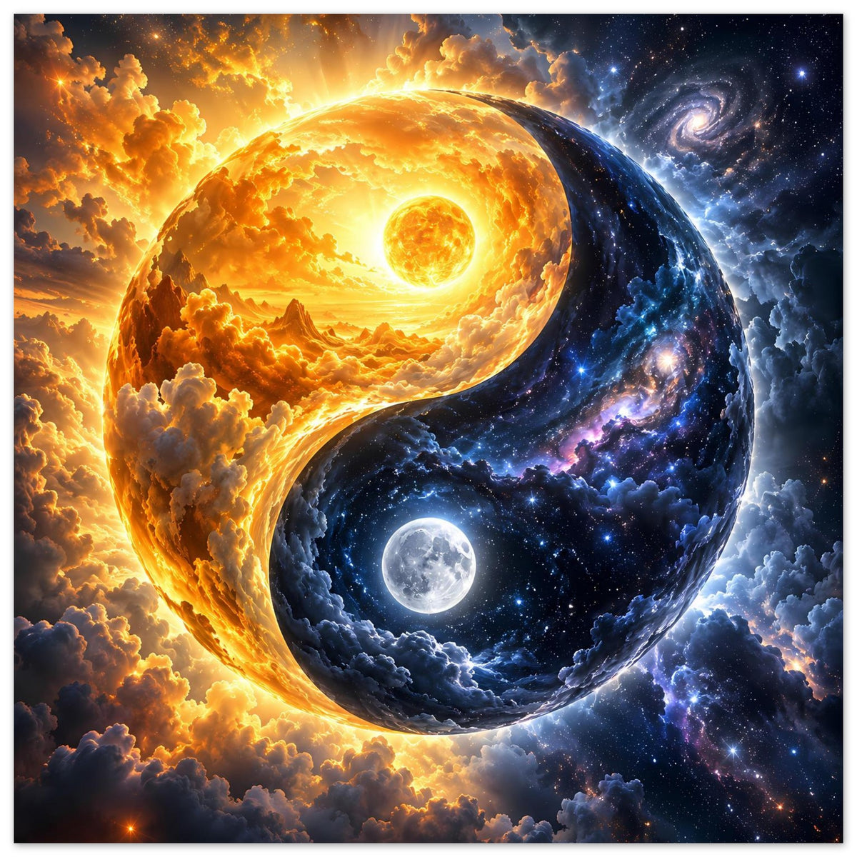 Yin-Yang-Kosmos-Kunstposter: goldene Sonne und blauer Mond auf zwei Kugeln im Weltraum